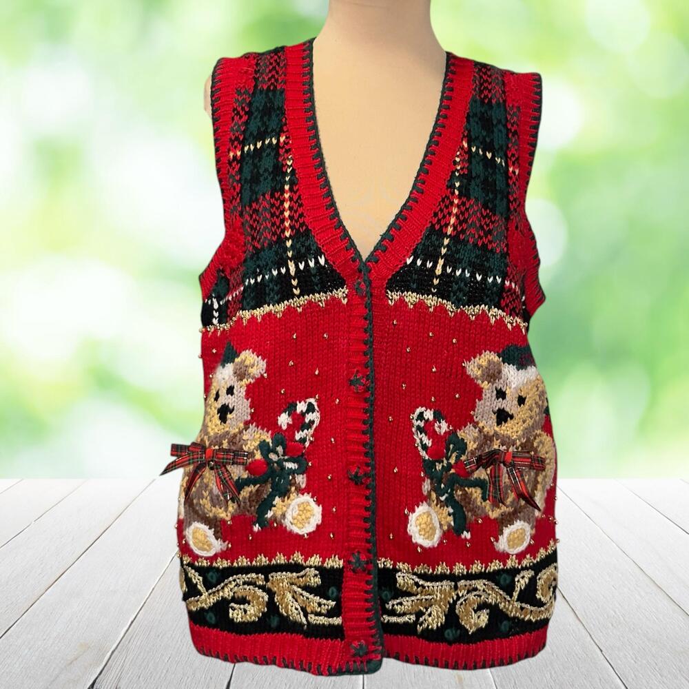 Vintage Embroidered Christmas Sweater Vest Teddy Bears Tartan Plaid Beaded Sz S